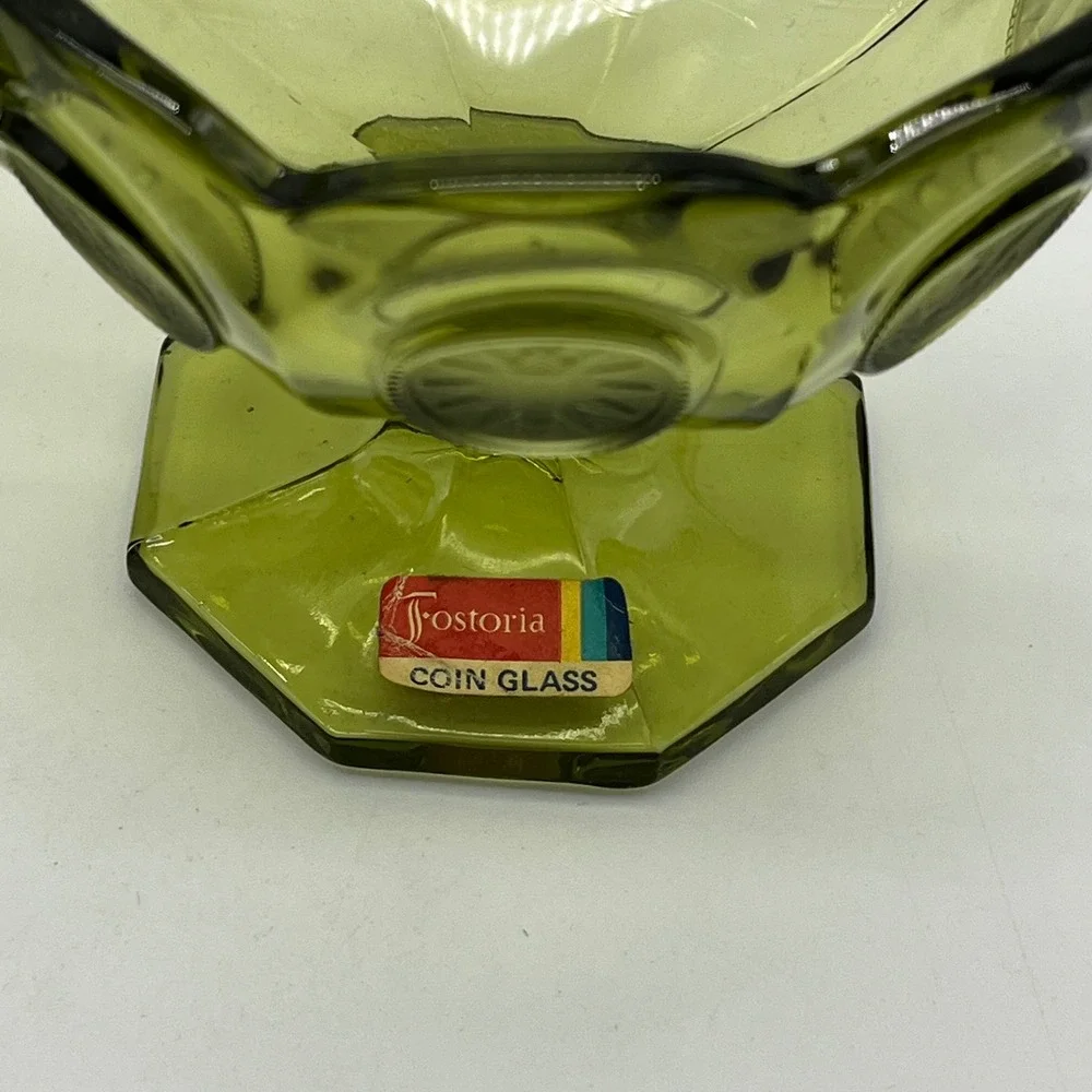 Fostoria Coin Glass Olive Green Compotes Pedestal‎ Candy Dishes Set of 2 - Picture 5 of 9